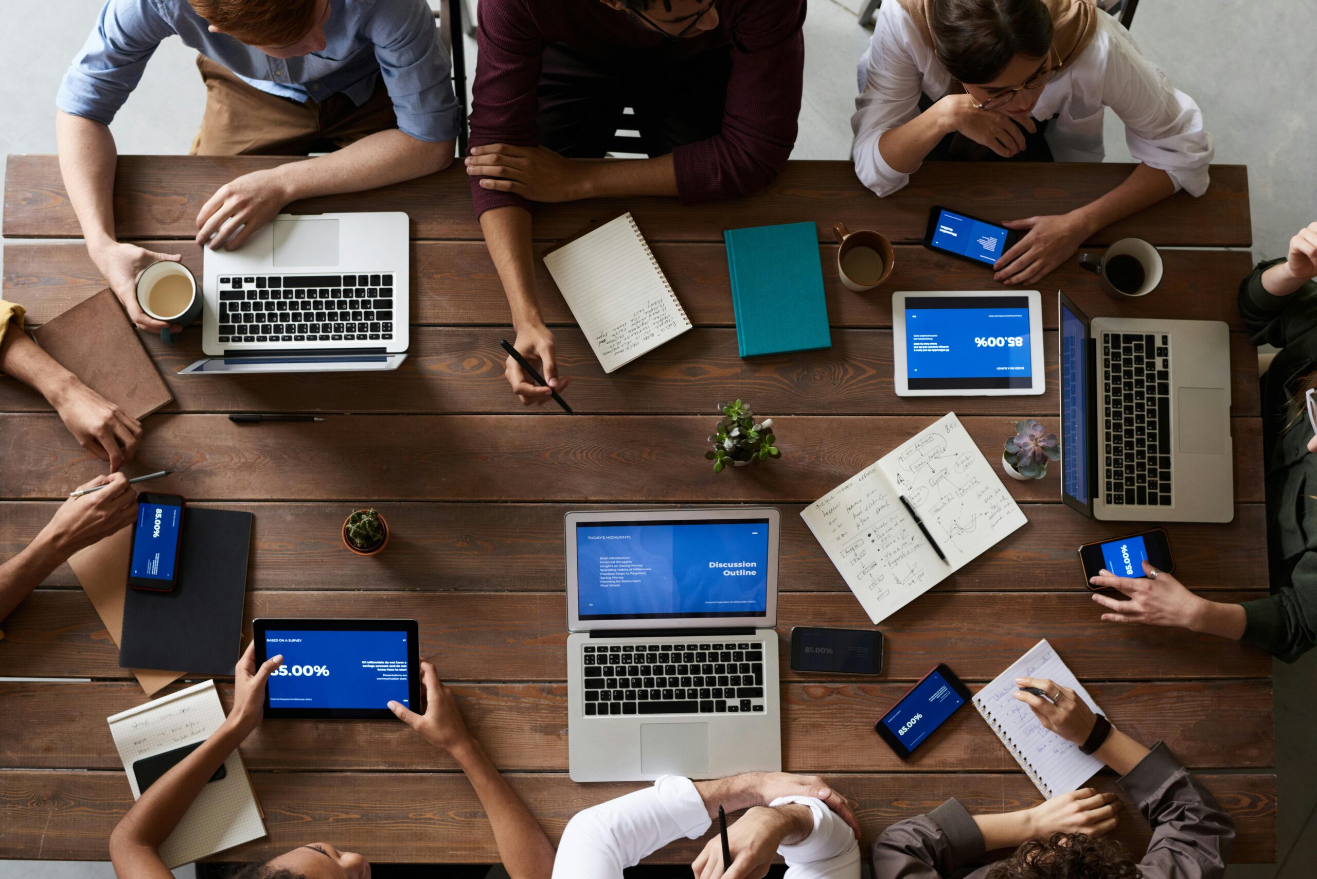 Business professionals analyzing data in a detailed hybrid case study format